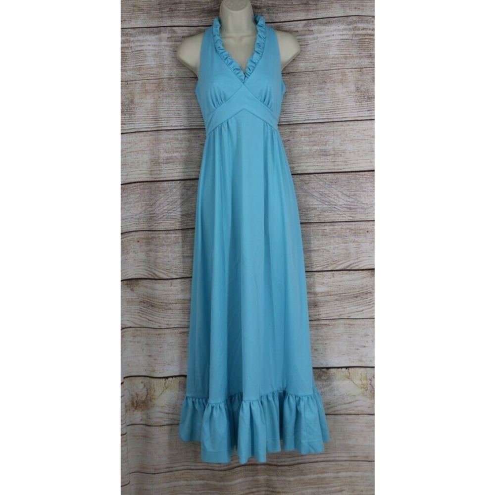 VINTAGE Womens Size Small Halter Maxi Ruffle Dress Teal Blue